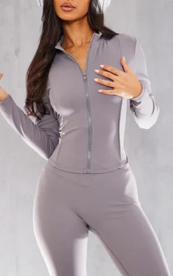 Petite Charcoal Snatched Sculpt Seam Detail Zip Up Top