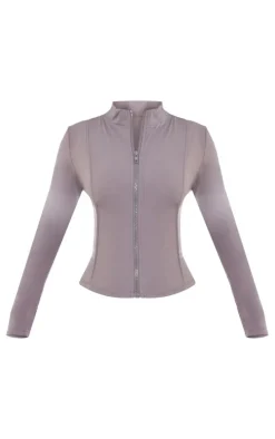 Petite Charcoal Snatched Sculpt Seam Detail Zip Up Top