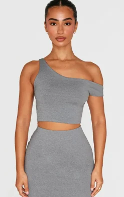 Petite Charcoal Soft Touch Asymmetric Crop Top