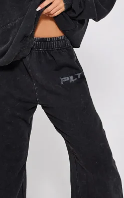 Petite Charcoal Washed Block Embroidered Oversized Wide Leg Sweatpants