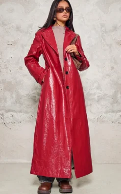 Petite Cherry Red High Shine Textured Faux Leather Maxi Coat
