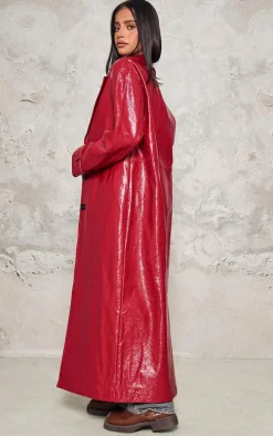 Petite Cherry Red High Shine Textured Faux Leather Maxi Coat