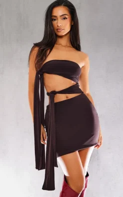 Petite Chocolate Bandeau Tie Side Micro Mini Dress