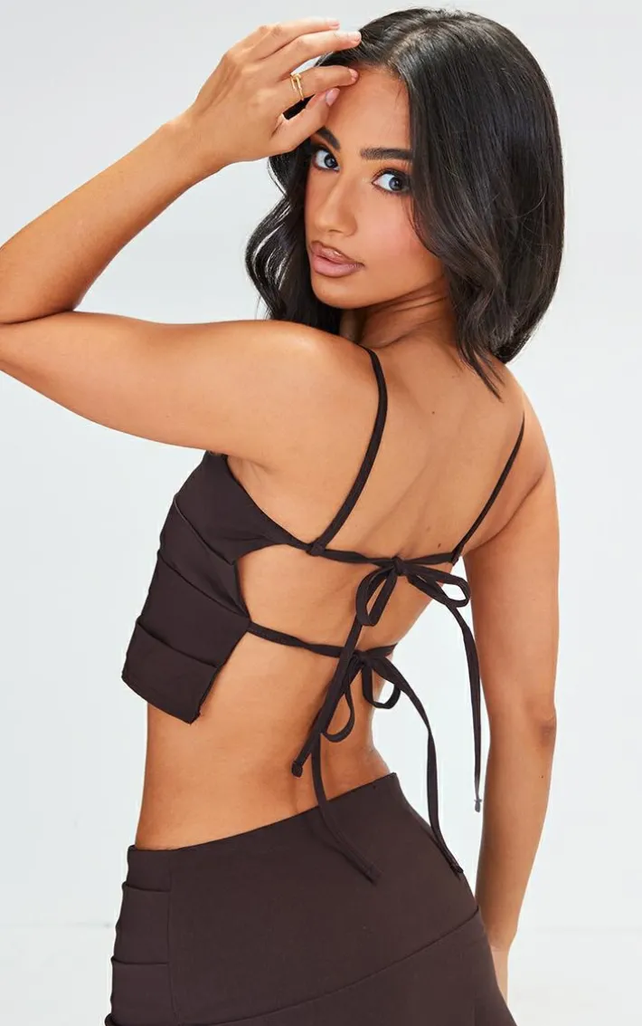 Petite Chocolate Bengaline Fold Detail Open Back Crop Top