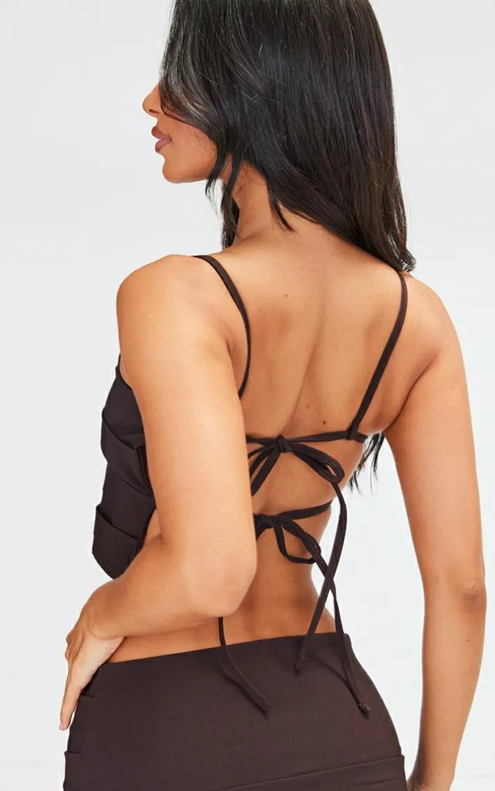 Petite Chocolate Bengaline Fold Detail Open Back Crop Top