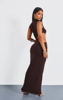 Petite Chocolate Bodycon Slinky Cut Out Maxi Dress