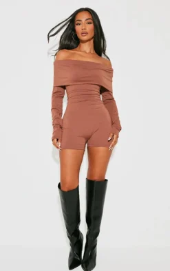 Petite Chocolate Contour Jersey Foldover Bardot Romper
