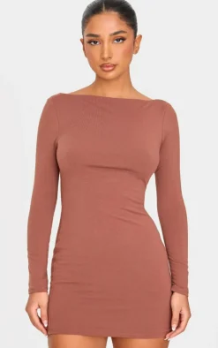 Petite Chocolate Contour Jersey Boat Neck Long Sleeve Dress