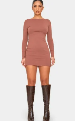 Petite Chocolate Contour Jersey Boat Neck Long Sleeve Dress