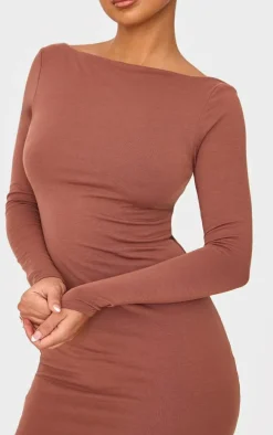 Petite Chocolate Contour Jersey Boat Neck Long Sleeve Dress