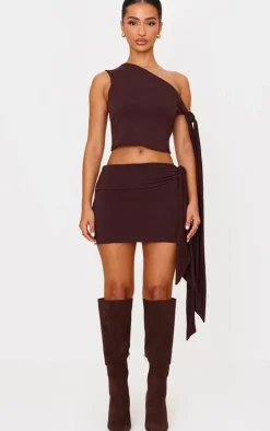 Petite Chocolate Contour Jersey Tie Detail Foldover Mini Skirt