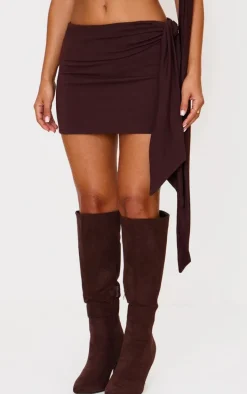 Petite Chocolate Contour Jersey Tie Detail Foldover Mini Skirt