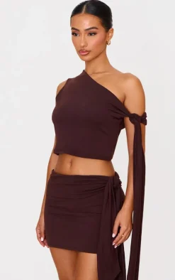 Petite Chocolate Contour Jersey Tie Detail Foldover Mini Skirt