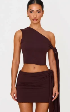 Petite Chocolate Contour Jersey Tie Detail Crop Top