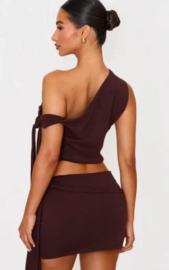 Petite Chocolate Contour Jersey Tie Detail Crop Top