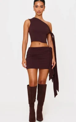 Petite Chocolate Contour Jersey Tie Detail Crop Top
