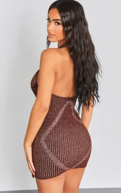 Petite Chocolate Contrast Knitted Halterneck Mini Dress