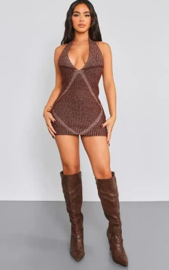 Petite Chocolate Contrast Knitted Halterneck Mini Dress