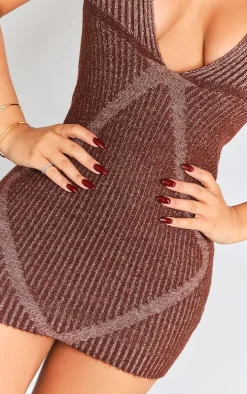 Petite Chocolate Contrast Knitted Halterneck Mini Dress