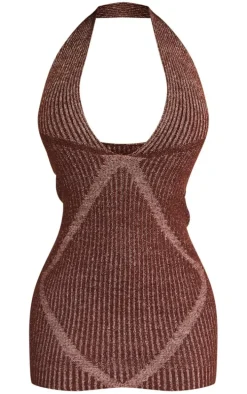 Petite Chocolate Contrast Knitted Halterneck Mini Dress