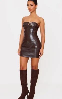 Petite Chocolate Croc Faux Leather Belt Detail Mini Dress