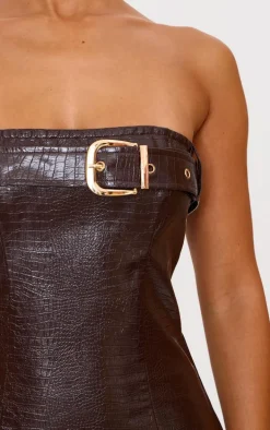 Petite Chocolate Croc Faux Leather Belt Detail Mini Dress