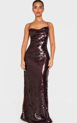 Petite Chocolate Cross Over Strap Sequin Maxi Dress