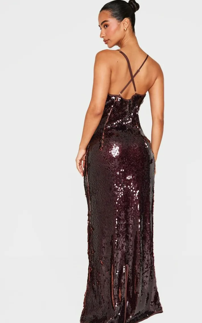 Petite Chocolate Cross Over Strap Sequin Maxi Dress