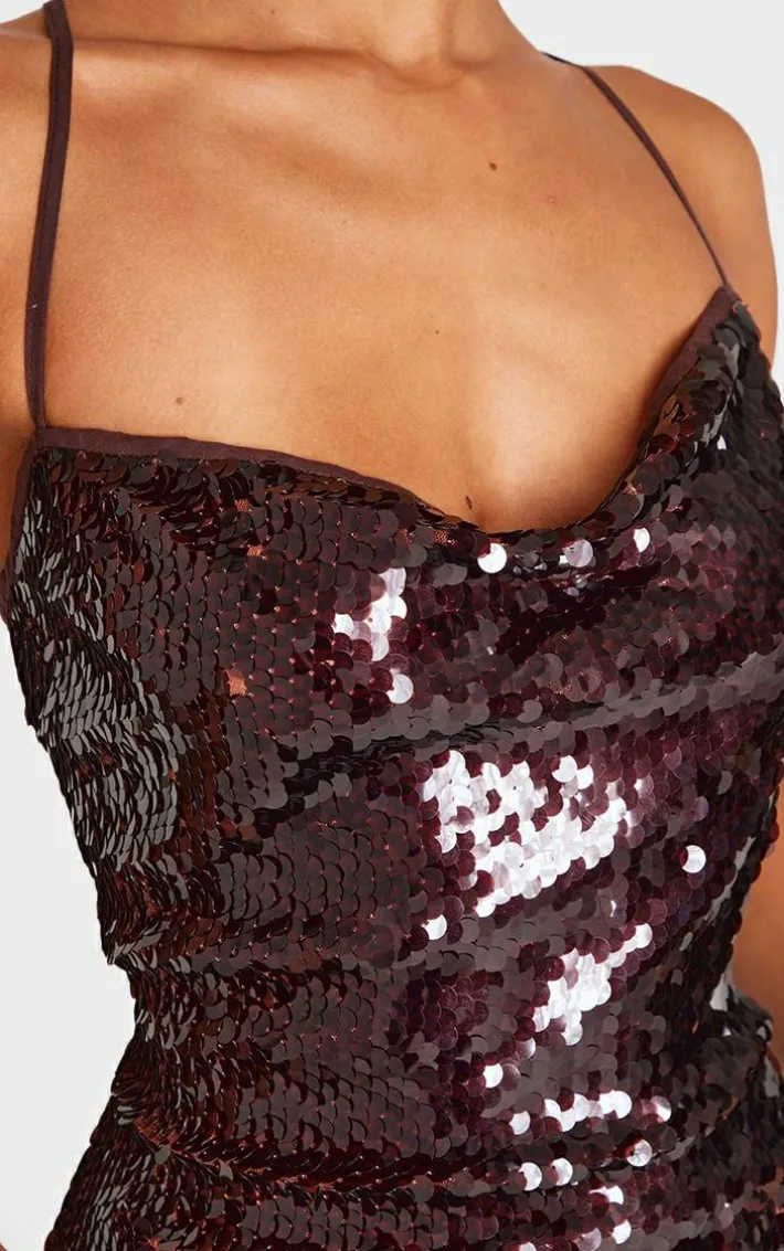 Petite Chocolate Cross Over Strap Sequin Maxi Dress