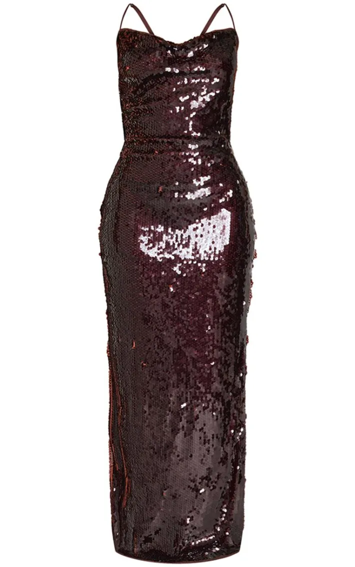 Petite Chocolate Cross Over Strap Sequin Maxi Dress