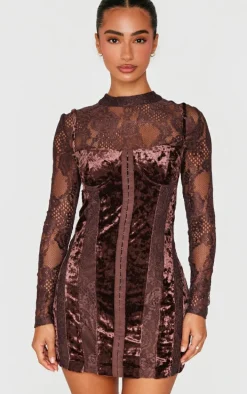 Petite Chocolate Crushed Velvet Long Sleeve Lace Detail Mini Dress