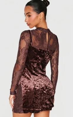 Petite Chocolate Crushed Velvet Long Sleeve Lace Detail Mini Dress