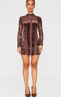 Petite Chocolate Crushed Velvet Long Sleeve Lace Detail Mini Dress