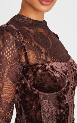 Petite Chocolate Crushed Velvet Long Sleeve Lace Detail Mini Dress