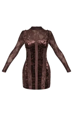 Petite Chocolate Crushed Velvet Long Sleeve Lace Detail Mini Dress