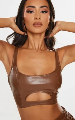 Petite Chocolate Cut Out Front Faux Leather Crop Top