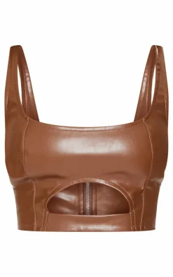 Petite Chocolate Cut Out Front Faux Leather Crop Top