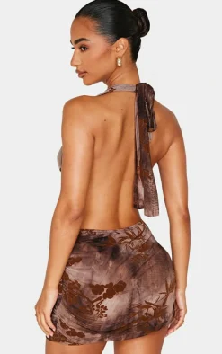 Petite Chocolate Devore Cowl Neck Open Back Mini Dress