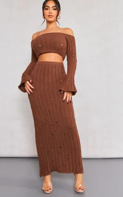Petite Chocolate Distressed Rib Knit Maxi Skirt