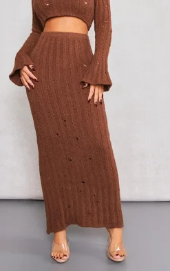 Petite Chocolate Distressed Rib Knit Maxi Skirt
