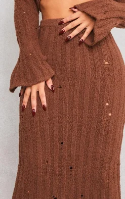 Petite Chocolate Distressed Rib Knit Maxi Skirt