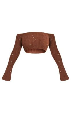 Petite Chocolate Distressed Rib Knit Maxi Skirt