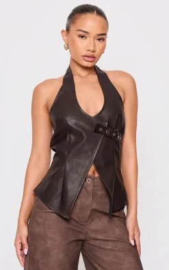Petite Chocolate Faux Leather Buckle Detail Long Top