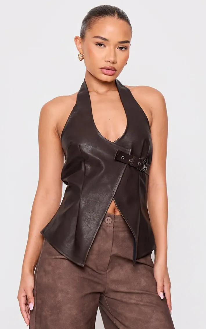 Petite Chocolate Faux Leather Buckle Detail Long Top