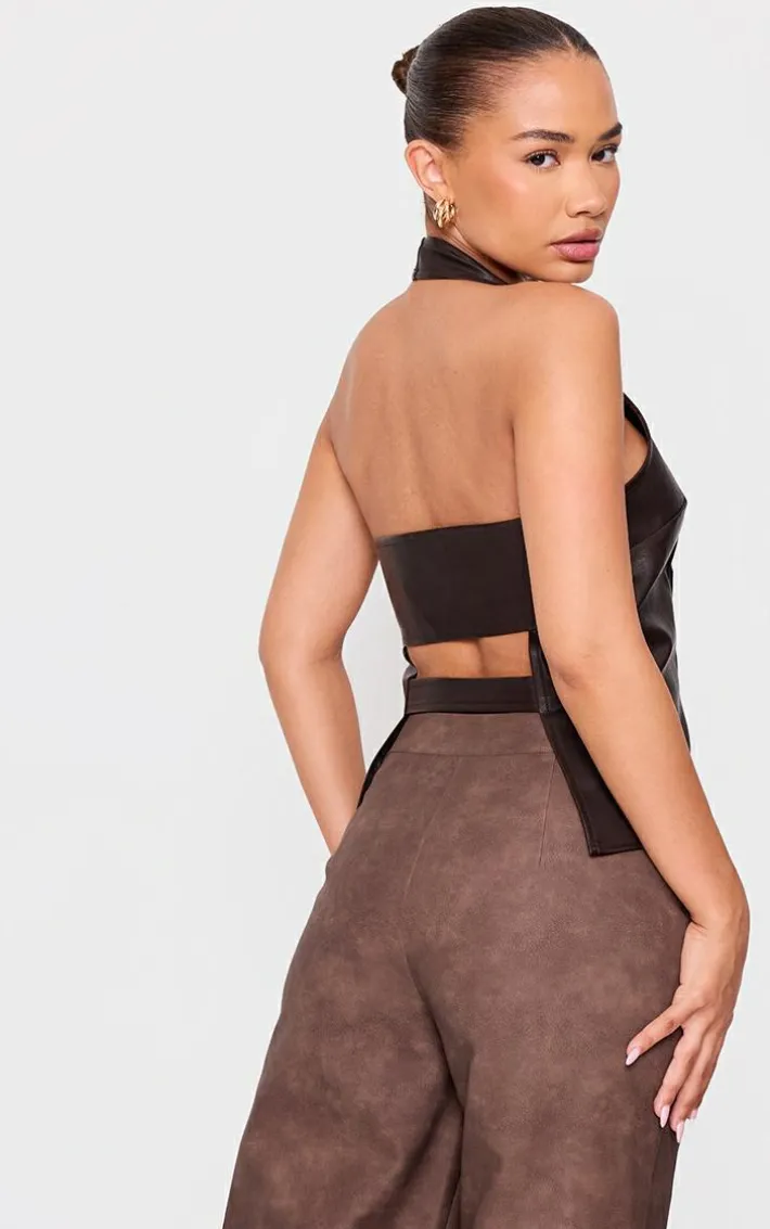 Petite Chocolate Faux Leather Buckle Detail Long Top