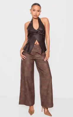 Petite Chocolate Faux Leather Buckle Detail Long Top