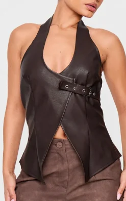 Petite Chocolate Faux Leather Buckle Detail Long Top
