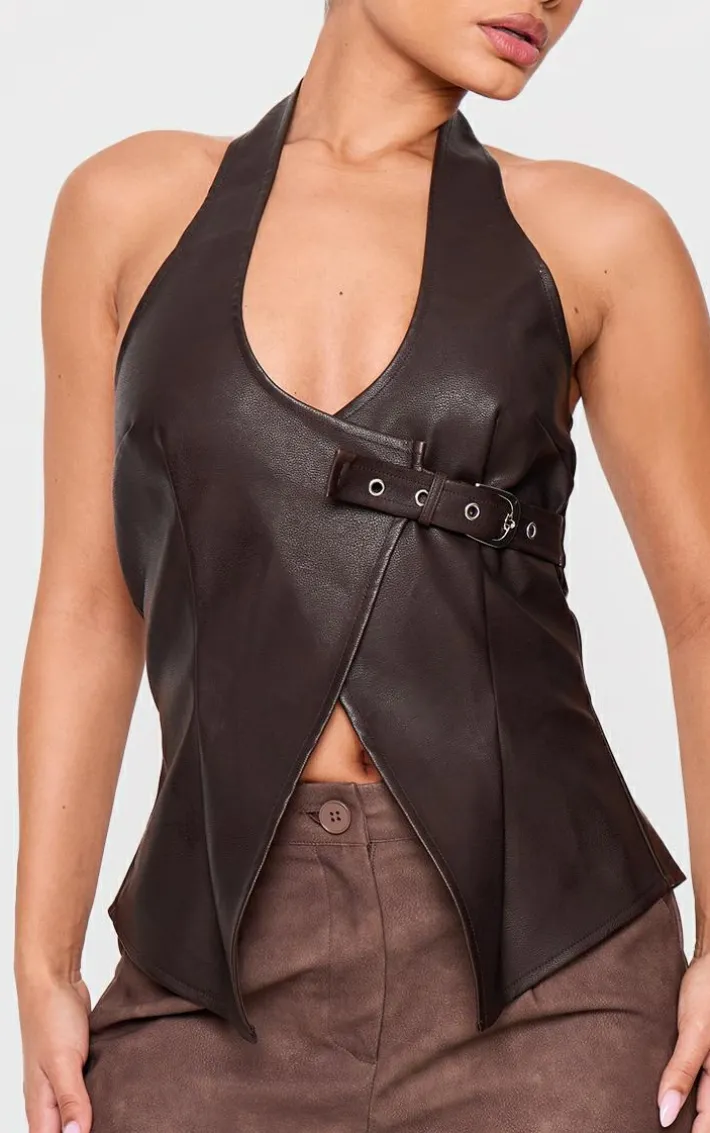 Petite Chocolate Faux Leather Buckle Detail Long Top
