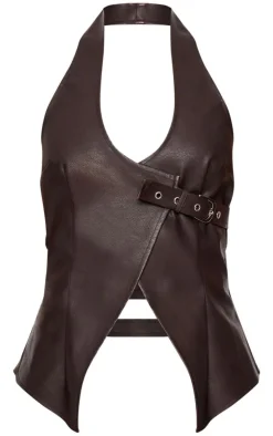 Petite Chocolate Faux Leather Buckle Detail Long Top