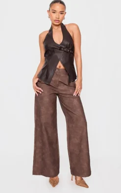 Petite Chocolate Faux Leather Wide Leg Pants